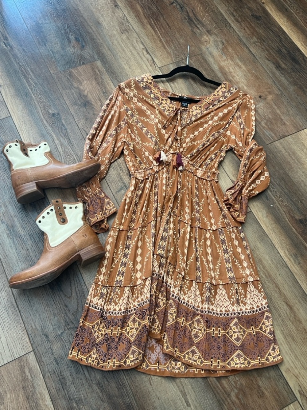 S Angie Rust Brown Tassel-Tie Boho western Midi Dress